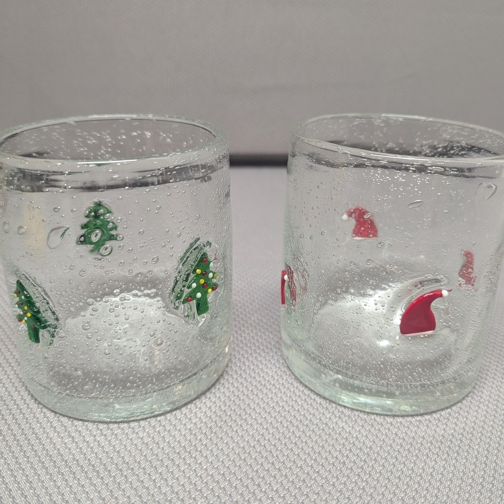 VTG Christmas Bubble Glass Tumblers Set of 2 Santa Hat & Christmas Tree Barware